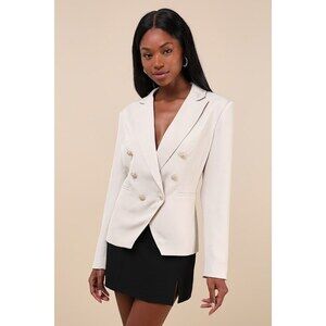 Lulus Major Poise Beige Twill Double-breasted Blazer - Size L